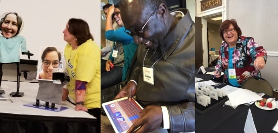 Three photos. 1) Therese Willkomm at a Maker station gazes at a mounting solution that whimsically displays a photo of her own face and wears a tshirt. 2) A man wearing dark glasses smiles as he feels the display of an iPad. 3) a woman smiles and gestures over a registration table.