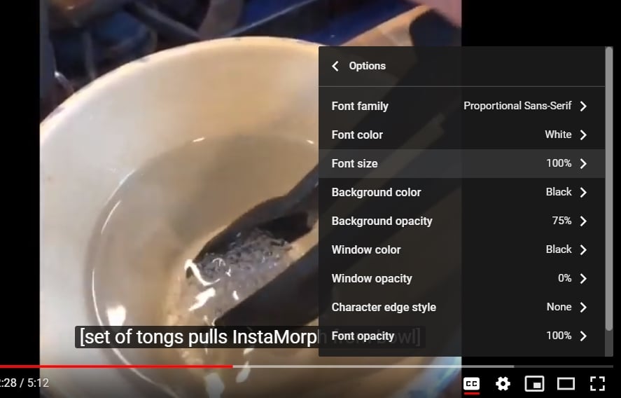 Screenshot of the YouTube player showing the subtitles options menu open