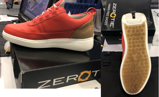 Two views of a sneaker; profile and the sole. There's a plastic wheel embedded in the heal. Shoe box reads Zero Tie; hands free shoes.